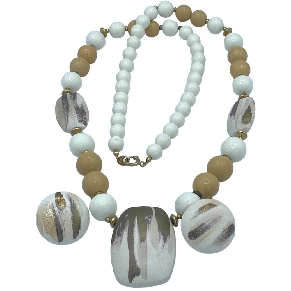 Vintage White Bib Necklace Modern Art Design Panels Pendant Japan handmade 80s